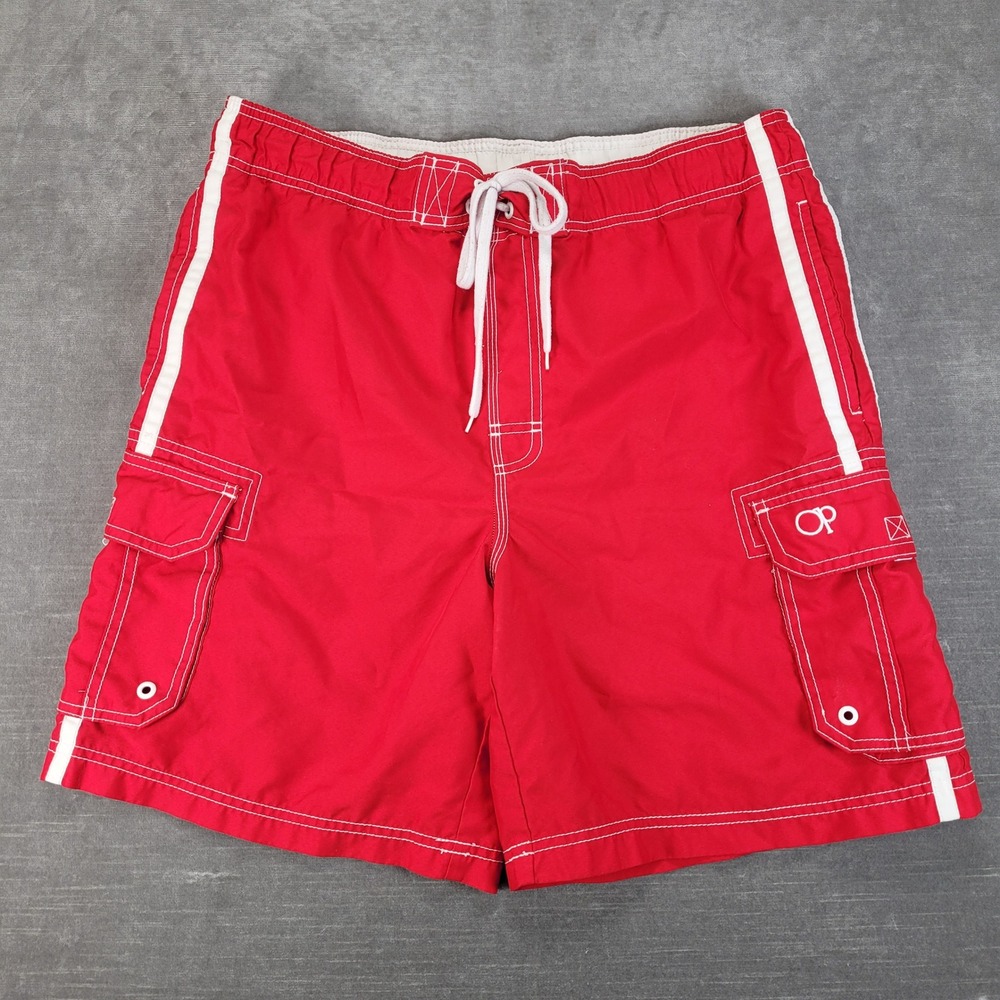 OP Ocean Pacific Y2K Mens Classic Red Cargo Swim Trunks White Stripe‎